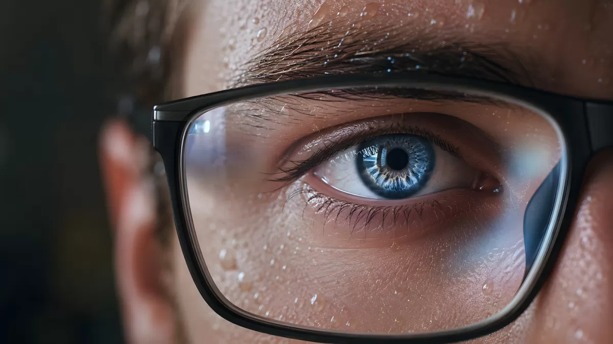 Nahaufnahme eines blauen Auges hinter schwarzer Brille