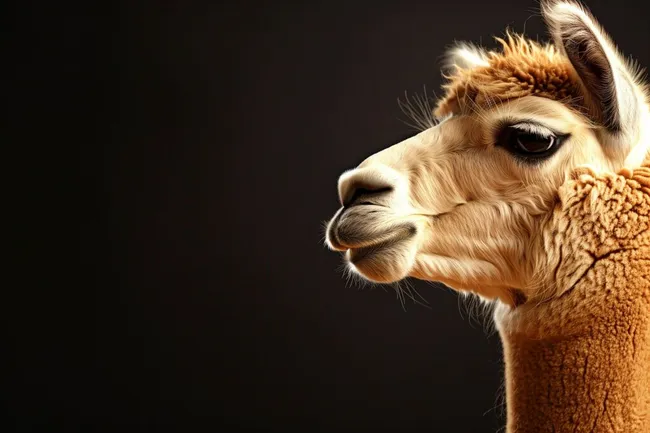 Nahaufnahme eines braunen Alpakas vor dunklem Hintergrund