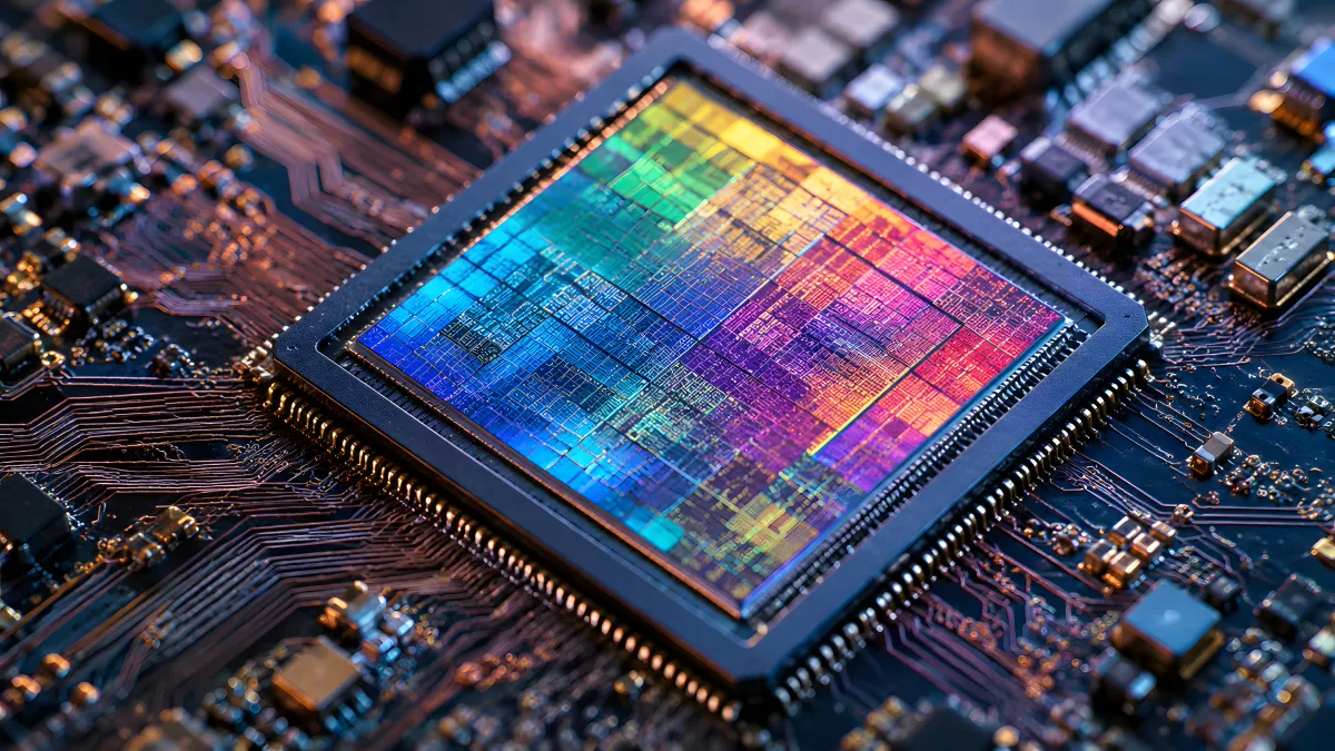 Nahaufnahme eines bunten Mikroprozessors auf Platine