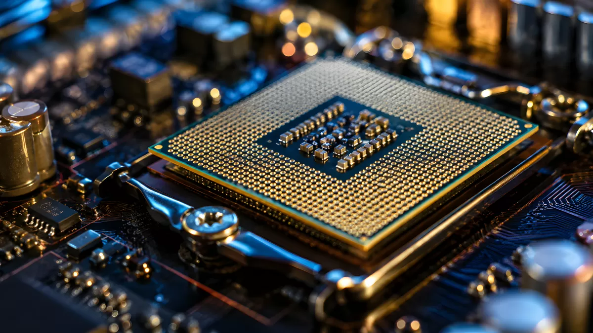 Nahaufnahme eines CPU-Prozessors auf Mainboard