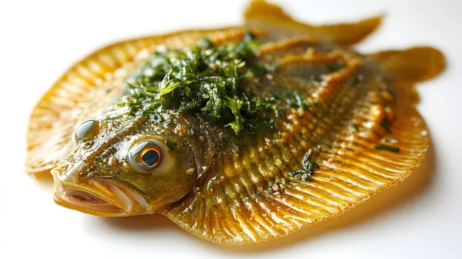 Nahaufnahme eines exotischen Süßwasserfisches mit grüner Kräuterkruste