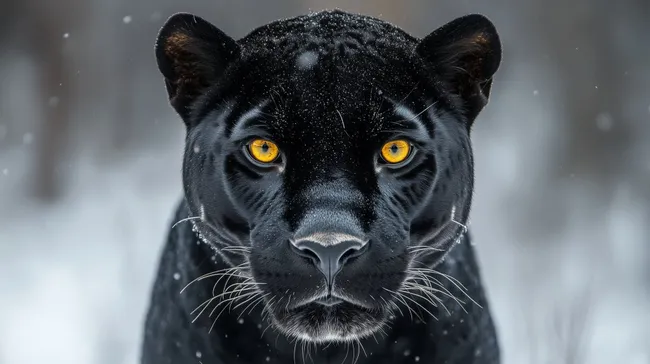 Nahaufnahme eines fesselnden schwarzen Jaguars im Schnee