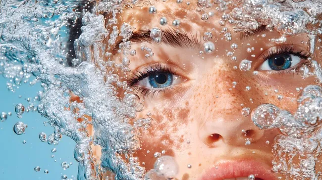 Nahaufnahme eines Frauengesichts mit Luftblasen unter Wasser