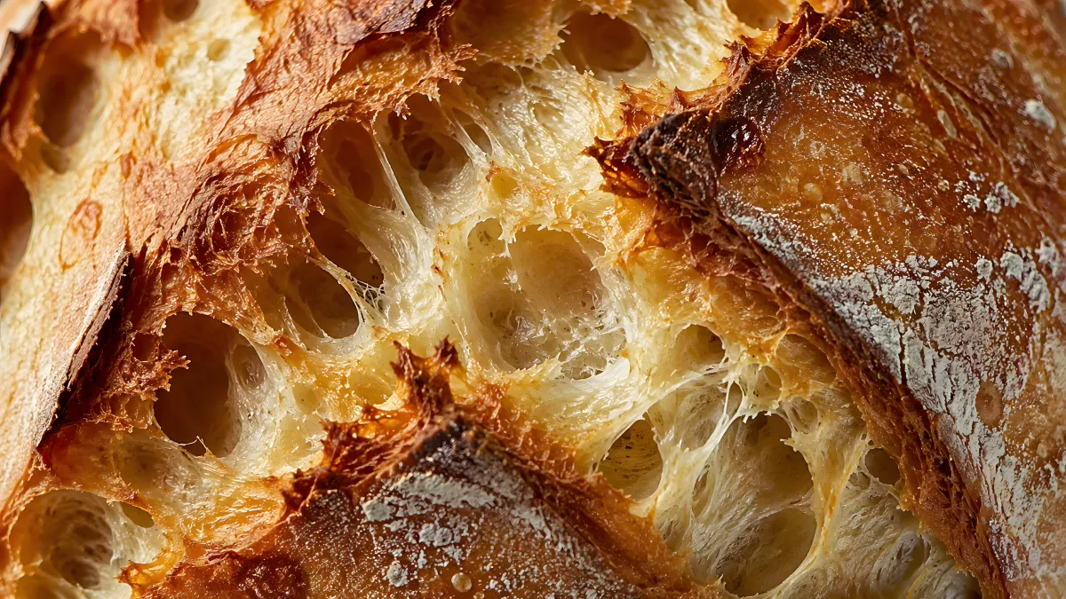 Nahaufnahme eines frischen Sauerteigbrots mit offenem Krümel