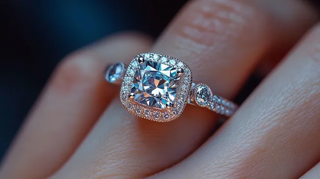 Nahaufnahme eines funkelnden Verlobungsrings mit Diamant