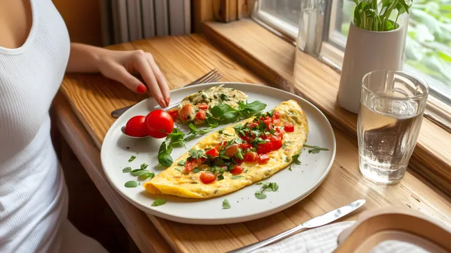 Nahaufnahme eines gesunden Frühstücksomelets mit Gemüse