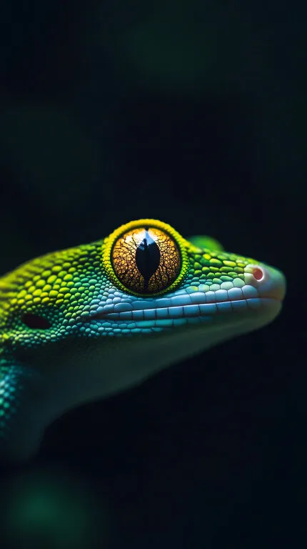 Nahaufnahme eines Grünen Geckos mit fokussiertem Auge