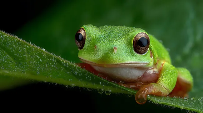 Nahaufnahme eines grünen Laubfroschs mit Regentropfen