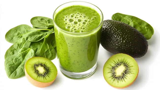 Nahaufnahme eines grünen Smoothies mit Avocado, Kiwi und Spinat
