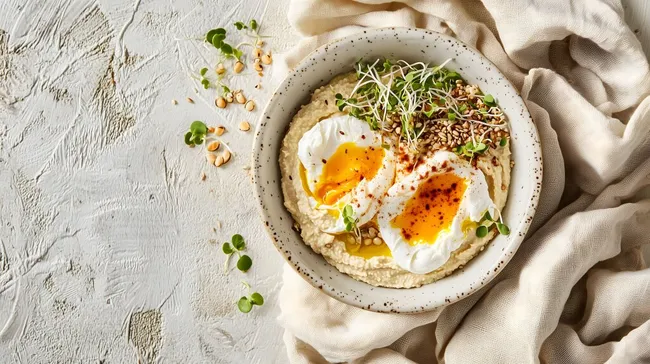 Nahaufnahme eines Hummus-Gerichts mit pochierten Eiern