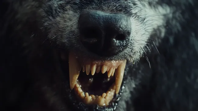 Nahaufnahme eines hungrigen Grauwolfs