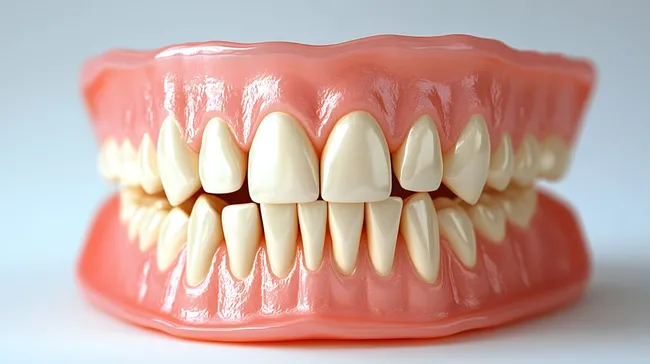 Nahaufnahme eines Kunststoffgebisses mit weißen Zähnen