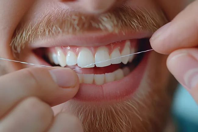 Nahaufnahme eines lächelnden Mundes mit weißen Zähnen und Zahnseide
