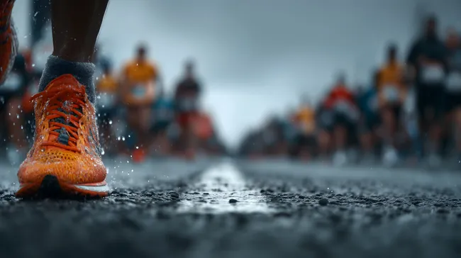 Nahaufnahme eines Läufers während eines Rennens im Schneesturm