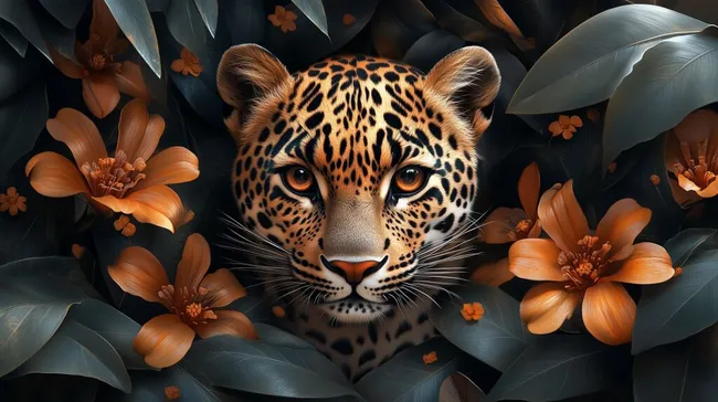 Nahaufnahme eines Leopardenkopfes mit tropischen Blumen