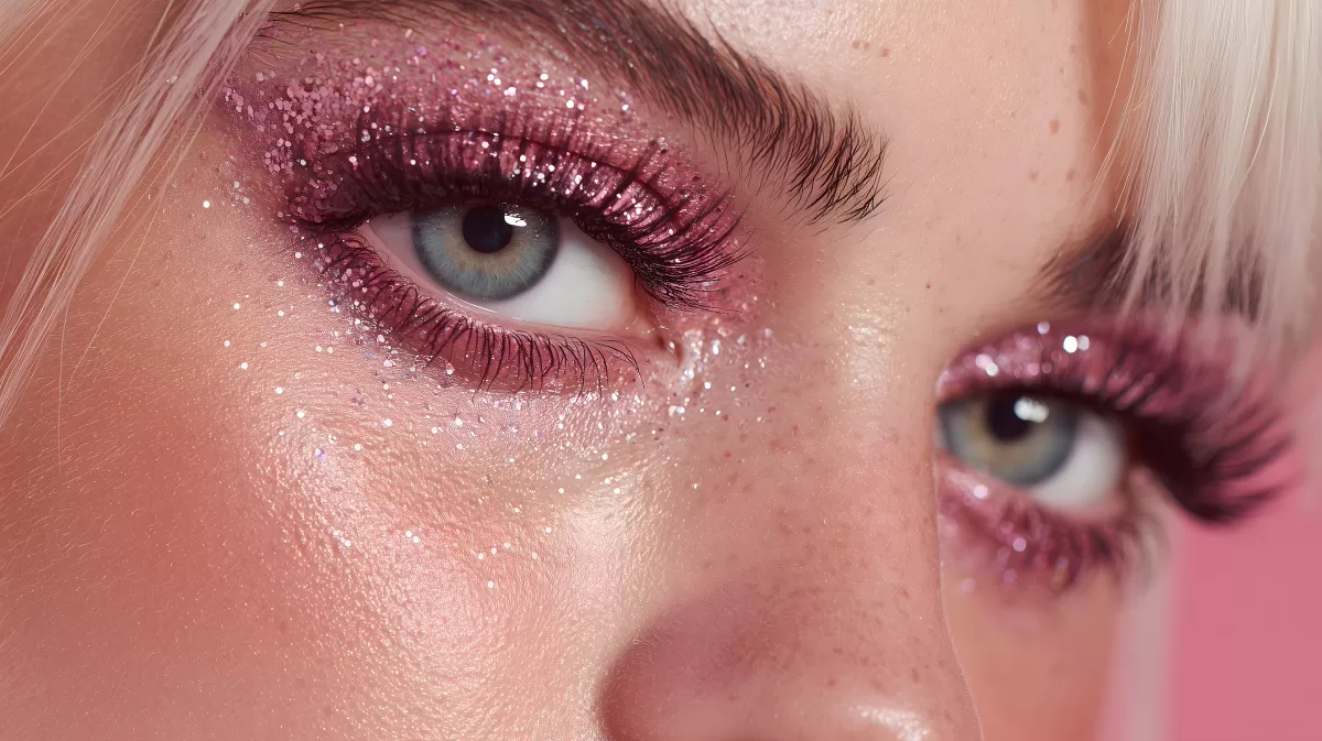 Nahaufnahme eines Make-up-Looks mit rosa Glitzer-Lidschatten