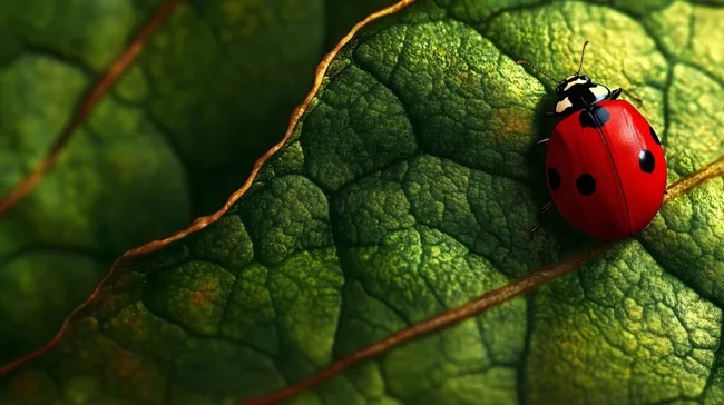 Nahaufnahme eines Marienkäfers auf grünem Blatt