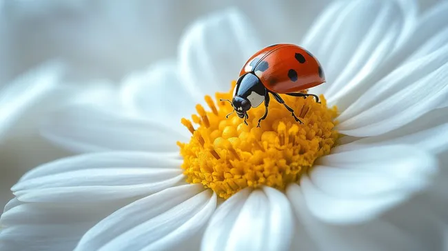 Nahaufnahme eines Marienkäfers auf Kamille