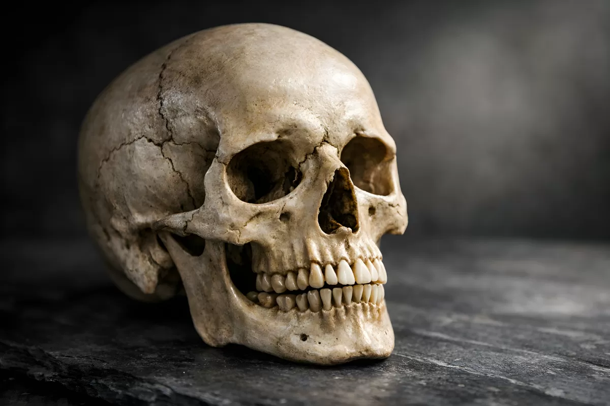 Nahaufnahme eines menschlichen Schädels auf dunklem Hintergrund
