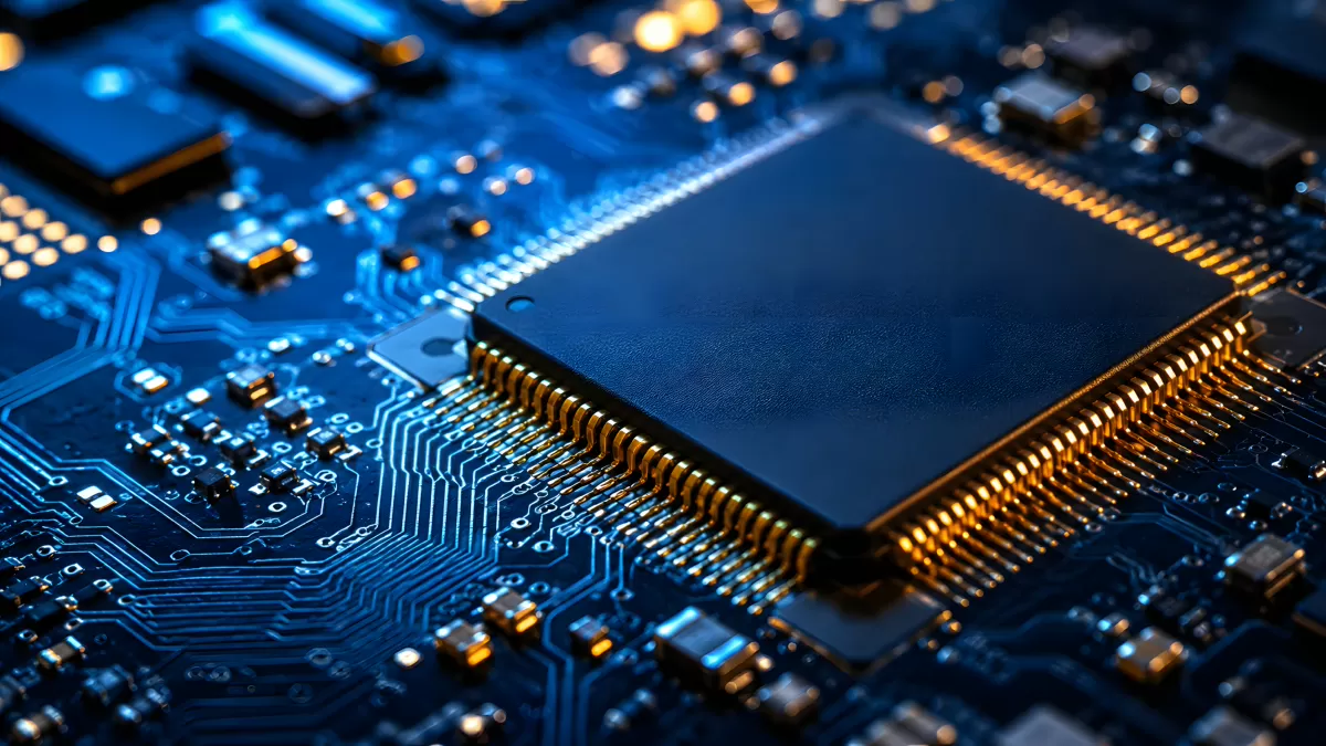 Nahaufnahme eines Mikrochips auf blauer Platine