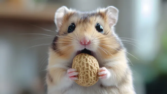 Nahaufnahme eines niedlichen Hamsters mit Erdnuss