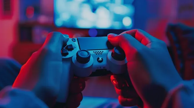 Nahaufnahme eines PlayStation-Controllers in Neonlicht