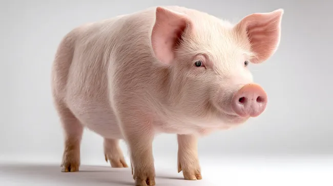 Nahaufnahme eines rosa Schweins auf weißem Hintergrund