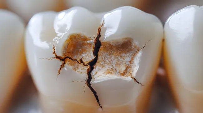 Nahaufnahme eines schadhaften, kariösen Zahns