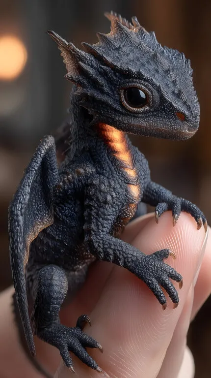 Nahaufnahme eines schwarzen Drachenjungen auf Finger