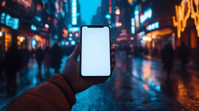 Nahaufnahme eines Smartphones in einer beleuchteten Großstadt