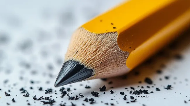 Nahaufnahme eines spitzen, gelben Bleistifts mit Holzstift und Graphit-Spänen