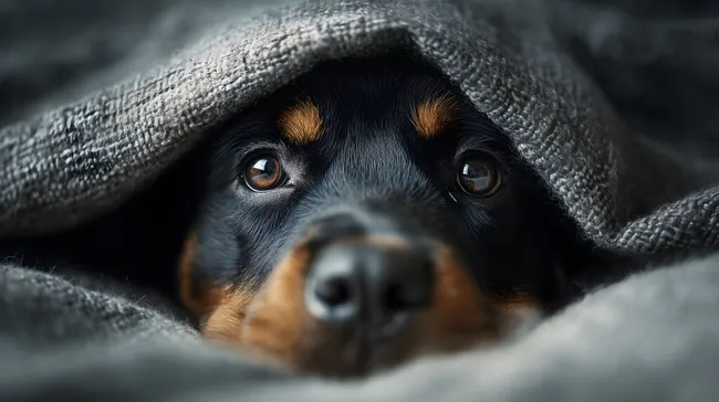 Nahaufnahme eines traurig wirkenden Rottweilers unter einer Decke