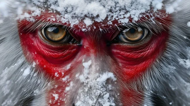 Nahaufnahme eines verschneiten japanischen Makaken