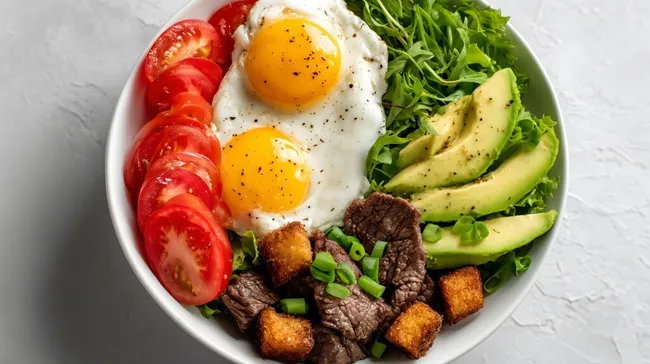 Nahaufnahme eines vollwertigen Salattellers mit Spiegeleiern