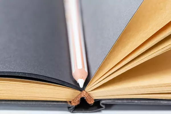 Nahaufnahme eines weißen Buntstifts auf schwarzen Papierseiten eines Notizbuchs