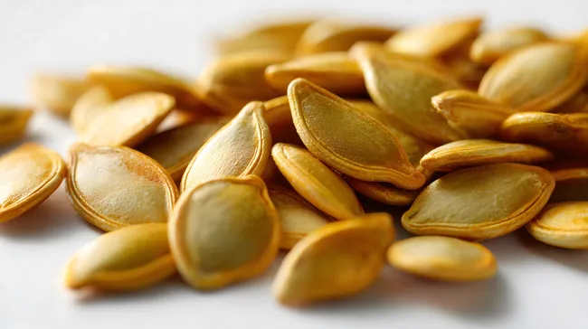 Nahaufnahme getrockneter Kürbiskerne auf weißem Hintergrund