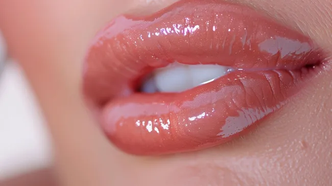 Nahaufnahme glänzender, rosafarbener Lippen