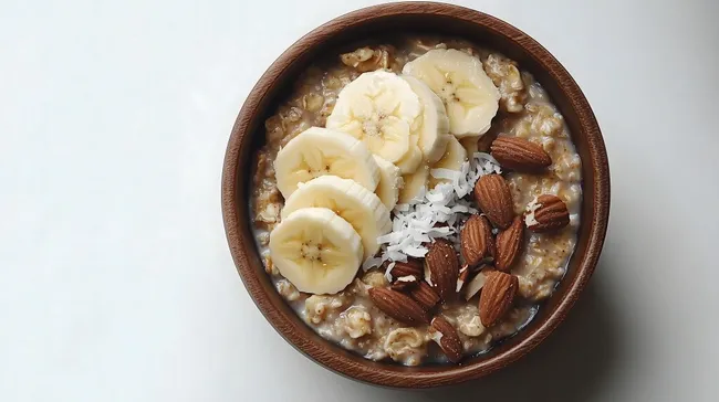 Nahaufnahme Haferbrei mit Banane, Kokos und Mandeln