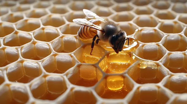 Nahaufnahme Honigbiene auf goldener Wabe