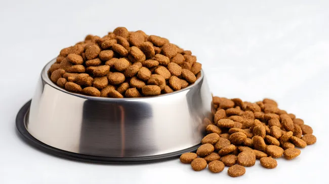Nahaufnahme Hundenäpfe mit Trockenfutter