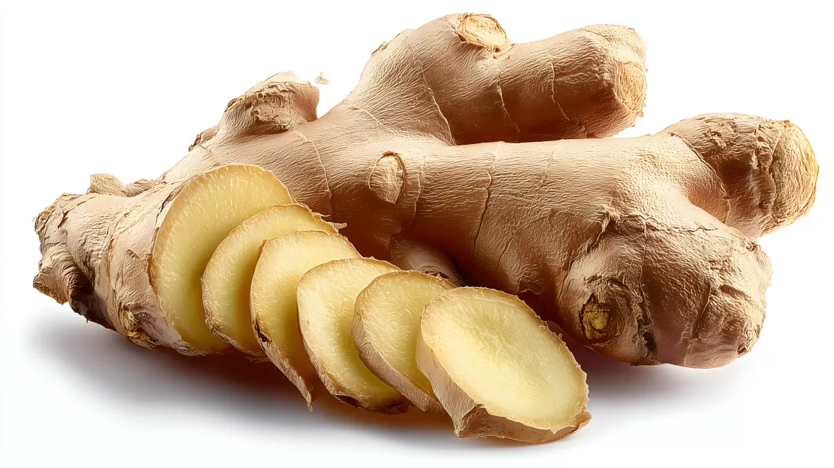 Nahaufnahme Ingwerwurzel mit geschnittenen Scheiben