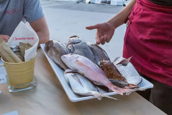 Nahaufnahme Kellnerin präsentiert Restaurantgast Auswahl an frisch gefangenem Fisch auf Paros