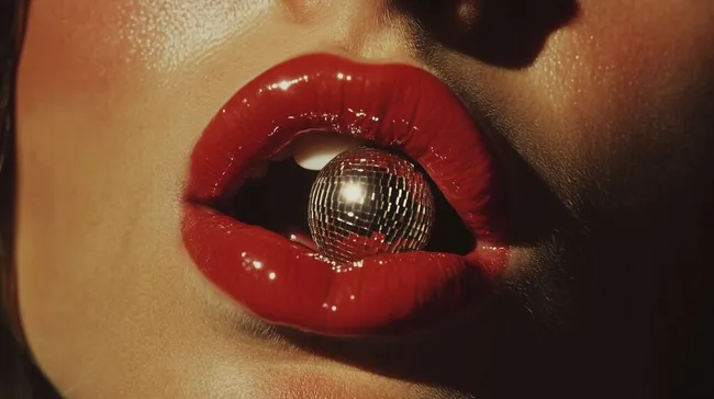 Nahaufnahme roter Lippen mit Discokugel