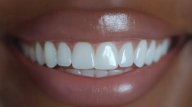 Nahaufnahme strahlend weißer Zähne im Mund einer lächelnden Person