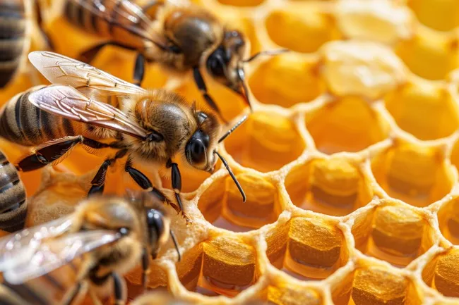 Nahaufnahme von Bienen auf Bienenwaben