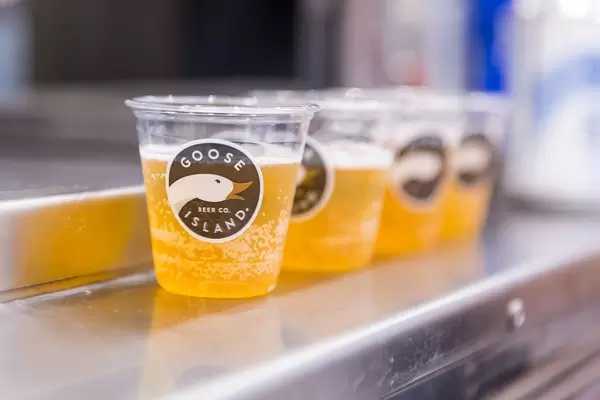 Nahaufnahme von Bier in kleinen Plastikbechern mit dem Goose Island Logo mit Gans und Schriftzug