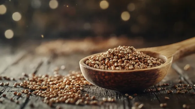Nahaufnahme von Buchweizen in rustikaler Holzschale