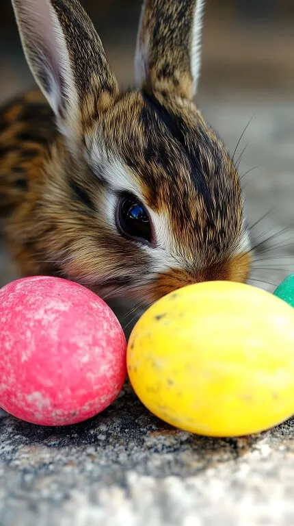 Nahaufnahme von bunten Ostereiern neben neugierigem Hasen
