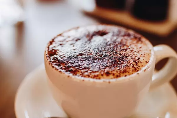 Nahaufnahme von Cappuccino mit Schokoladenpulver