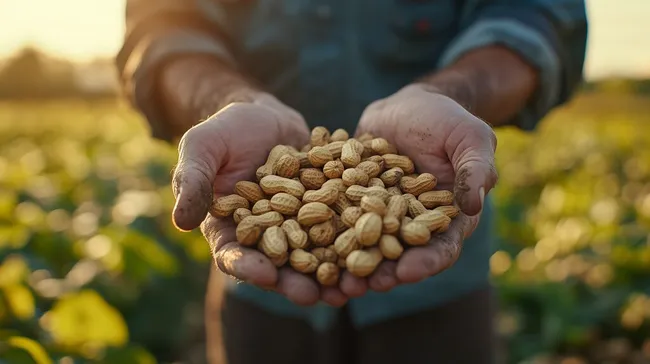 Nahaufnahme von Erdnüssen in den Händen eines Bauern